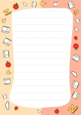 Elma, defter ve bulutların bulunduğu harika bir kırtasiye tasarımı. Öğrenciler için günlük tutmak ya da not almak için mükemmel. Şablon veya arkaplan olarak kullan.