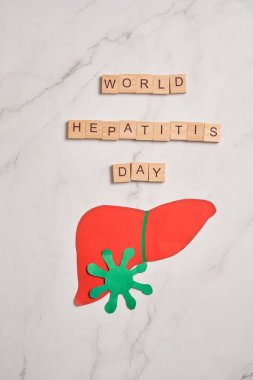 Hepatit günü posteri, kağıt kesiği karaciğer. Hepatik hastalıklar, kanser ve siroz konsepti