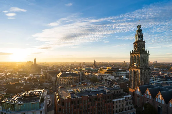 The sun setting over the historical city centre of Groningen on a beautiful afternoon.