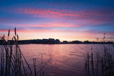 Hollanda, Meerstad 'da renkli bir gündoğumu sırasında nehir kıyısında modern bir banliyö..