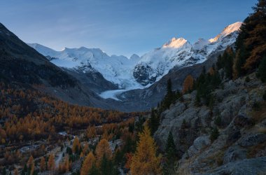 The Morteratsch glacier and the famous Biancograt at dawn. clipart