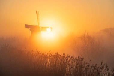 Hollanda 'da gün doğumu, geleneksel yel değirmeni ve bahar sisinde bir kanal..