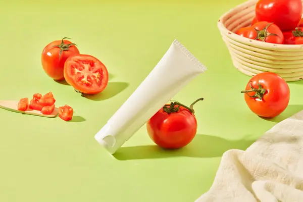 Vit Kosmetisk Tub Visas Med Saftiga Röda Tomater Pastellgrön Bakgrund — Stockfoto