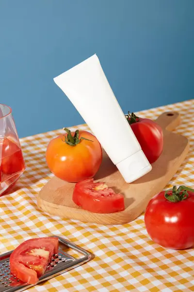 Färska Tomater Och Tub Kosmetika Visas Träskärbräda Checkered Bordsduk Med — Stockfoto