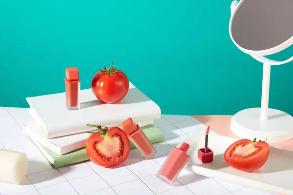 Nieoznakowane Szminki Ułożone Stole Świeżymi Pomidorami Rekwizytami Turkusowym Tle Idealne — Zdjęcie stockowe