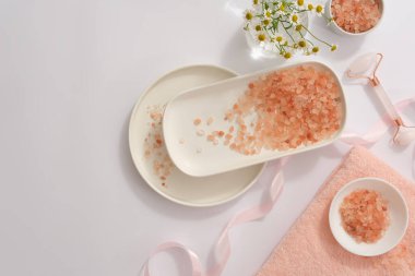 Pembe Himalaya tuzu birçok farklı tabağa bölünmüş, pembe kurdele, saksı ve yüz masajı silindiri ile süslenmiş. Metin eklemek için boş alan