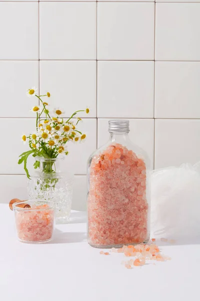 Lot Pink Himalayan Salt Contained Transparent Bottle Bowl Concept Bathroom — Stock Photo, Image