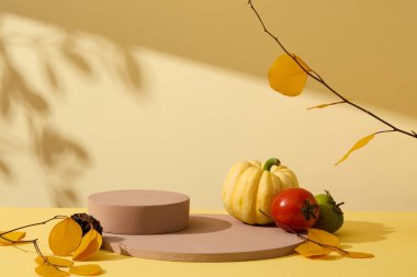 Sarı sonbahar yapraklarının sarı arka planda dallandığı yuvarlak kahverengi podyumların önü. Balkabağı, domates ve yeşil hurma sonbahar meyvesidir. Ekran için boş platform