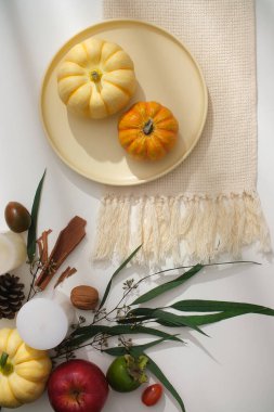 Şükran Günü konseptiyle reklam sahnesi. Beyaz bez ve sonbahar bitkileriyle süslenmiş yuvarlak seramik bir kabak tabağı, kurutulmuş fındık ve beyaz arka planda mum. Ön görünüm, tasarım için alan