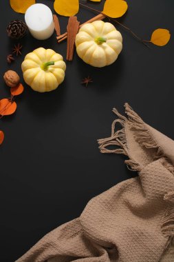 Şükran Günü konseptin kutlu olsun. Sonbahar kompozisyonu, balkabakları ve sonbahar yapraklarıyla siyah arka planda. Dekoratif kahverengi kumaş metin ve tasarım için boşluk ile göze çarpar