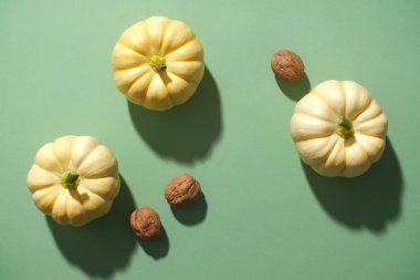 Dekoratif küçük balkabakları ve yeşil arka planda cevizleri olan minimal bir arka plan. Tarım ürünlerini bol hasatla hasat etmek için sezonun dekoratif fikirleri.