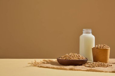 Soya çekirdekleri, bir şişe soya sütüyle sergilenen bir çanak ve kabın içinde bulunur. Güzellik ürünleri boş alanda sergilenebilir