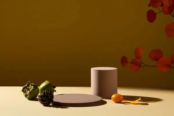 空白スペースで化粧品を広告する秋のコンセプト 茶色の背景に緑と桜のトマトと秋の葉で飾られた2つの茶色の表彰台 — ストック写真
