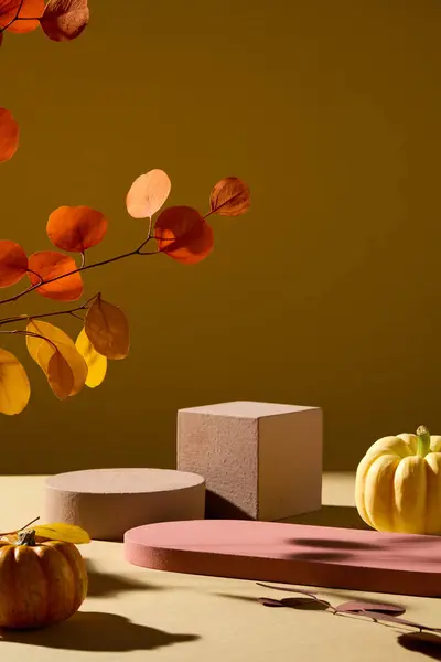 秋のコンセプトの広告製品のための空のミニマリストの空のショーケーステンプレート 茶色の背景に飾られたカボチャと空の幾何学表彰台が付いている乾燥した葉 — ストック写真