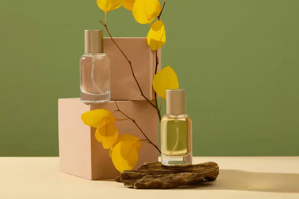 Escena Burlona Para Publicidad Perfumes Con Concepto Otoñal Vista Frontal — Foto de Stock