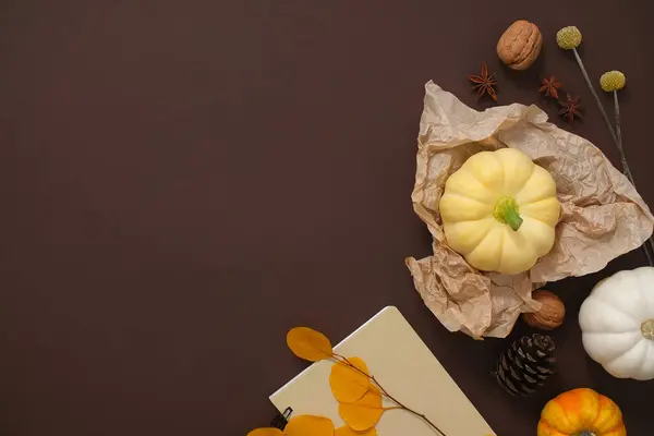 秋と感謝祭のためのクリエイティブバナーデザインのアイデア パンプキン オレンジの乾燥葉 ナッツは濃い茶色の背景に装飾されています トップビュー テキストとデザインのためのスペース — ストック写真