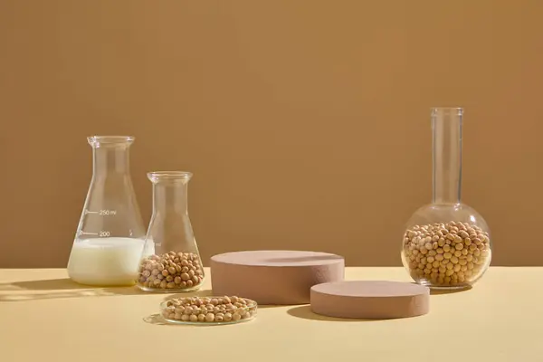 Eine Petrischale Und Ein Paar Flaschen Sojabohnenkerne Und Milch Auf — Stockfoto
