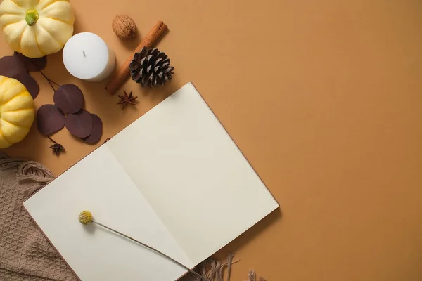 摄影温暖的秋天概念笔记本 干叶和羊毛围巾装饰的褐色背景 顶部视图 设计空间和文本 — 图库照片