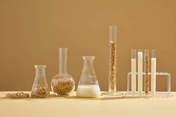 Different Types Laboratory Glassware Filled Soybean Milk Soybean Seeds Arranged — Stock Photo, Image