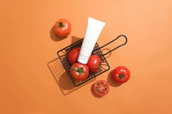Basket Containing Fresh Tomatoes Unlabeled Placed Top Orange Background Vitamin — Stock Photo, Image
