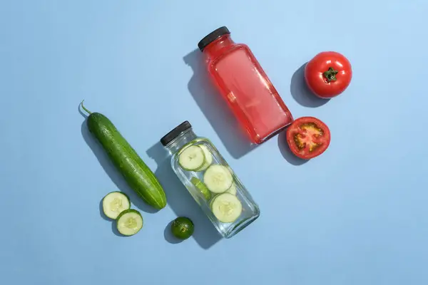 Top View Glass Bottles Filled Cucumber Detox Water Tomato Juice — Stock Photo, Image