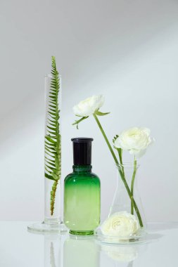 İçinde yaprak dalları olan bir ölçüm silindiri. Konik matara ve içinde çiçekler olan petri kabı. Beyaz arka planlı tasarım için markasız güzellik şişesi