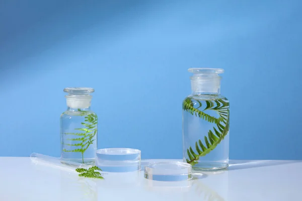 Transparent Jars Containing Water Green Leaves Two Empty Podiums Displayed — Stock Photo, Image