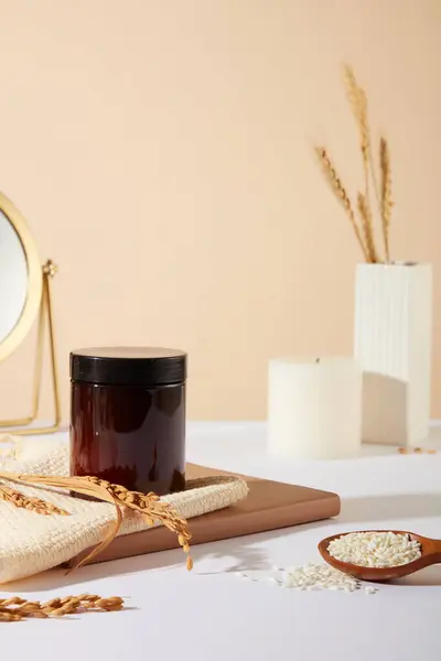 Unlabeled Scrub Jar Wooden Dish Pastel Backdrop Cosmetic Rice Bran — Stock Photo, Image