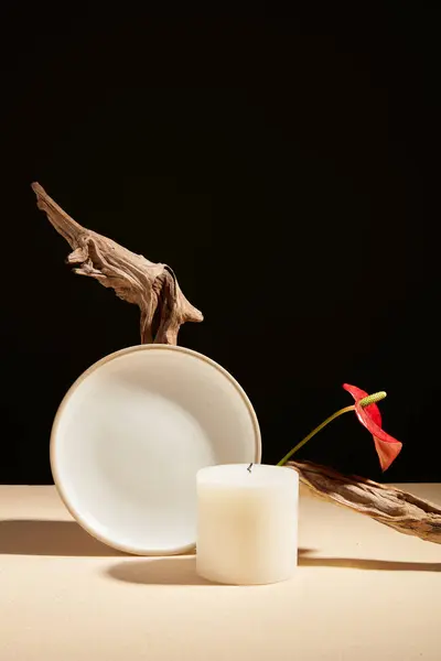 乾燥した枝 陶磁器の皿および花が付いているテーブルの上に置かれる白いろうそくの正面の眺め ベージュと黒の背景 プロダクト表示のための絶妙なスペース コピースペース — ストック写真