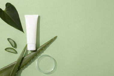 Beyaz bir kozmetik tüpü taze aloe vera, yeşil yapraklar ve şeffaf bir petri kabıyla sergilenir. Metin tasarımı ya da ürün gösterimi için boş alan. Doğal malzemeyle tedavi.
