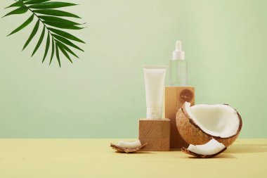 Ahşap kürsüye etiketsiz kozmetik şişeler yerleştirilmiş pastel arka plan. Taze hindistan cevizi ve tropik palmiye yaprakları. Vejetaryen kozmetik reklamı için model..