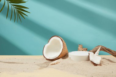 Kuru dalları ve yarım hindistan cevizi olan beyaz bir platform kumun üzerine yerleştirilir. Mavi arka planda, gölgeli yeşil yapraklar. Ürün reklamcılığı için yaratıcı ve ferahlatıcı bir alan.