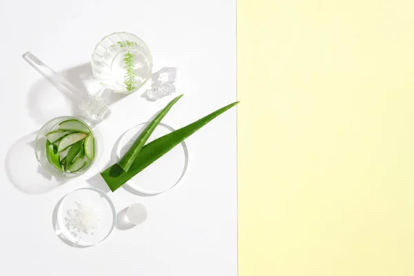 Vetreria Aloe Vera Fresca Vengono Visualizzati Uno Sfondo Bianco Spazio — Foto Stock