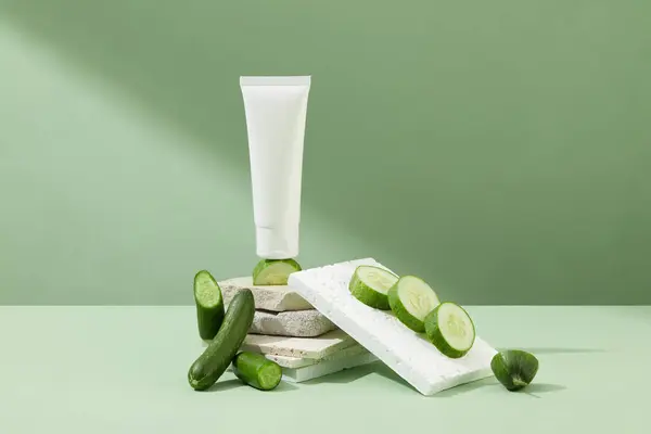 Front Cosmetic Tube Label Fresh Cucumber Placed Stone Platform Vegan — Stock Photo, Image