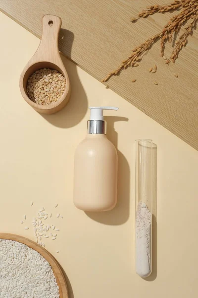 Close Rice Bran Unlabeled Cosmetic Bottle Test Tube Rice Powder — Stock Photo, Image