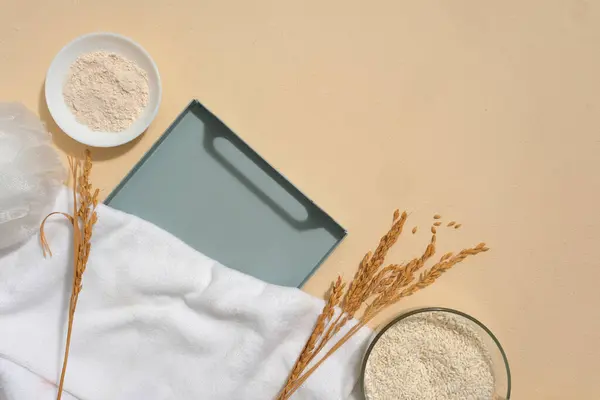 Tray Arranged Wheat Ears Towel Dish Rice Bran Bowl Containing — Stock Photo, Image