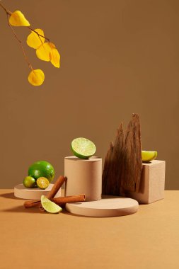Kahverengi arka planda, pembe ahşap platformlar limon, kumkat, tarçın ve sonbahar yapraklarıyla sergilenir. Ürün gösterimi için boş podyum.