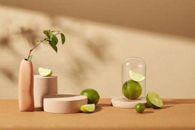 Kahverengi-bej arka planda farklı boyutlarda taze limonlar ve platformlar. Ürün gösterimi için boş alan. Doğal kozmetik reklamları için alanı kopyala