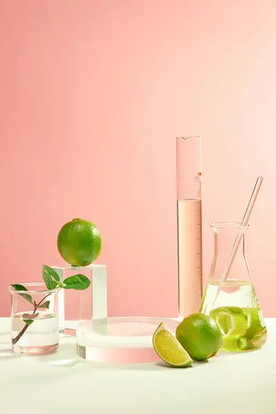 Laboratory instruments and fresh lemons are displayed on a white-pink background. Glass podium for product display. Ideal space for cosmetic advertising.
