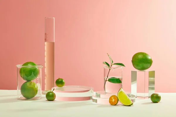 Lab instruments and fresh lemons showcased on a white-pink background, with a glass podium for product presentation-an optimal space for cosmetic advertising and highlighting natural ingredients.