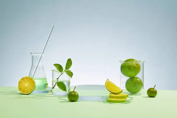 Laborausstattung Mit Becher Erlenmeyerkolben Glasstab Und Frischer Zitrone Vor Einem — Stockfoto