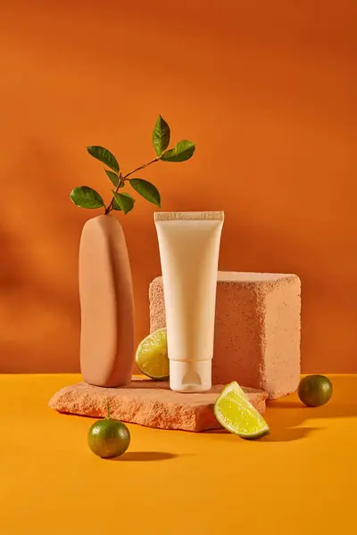 Front view of an unlabeled cosmetic tube is placed on a stone platform, surrounded by lemons and kumquats. Bright background with yellow and orange colors. Cosmetic mockup.