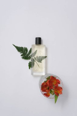 Beyaz bir arka planda, eğreltiotu yaprağı ve cam bir çiçek kabıyla süslenmemiş cam bir parfüm şişesi. Bitkisel aroma güzellik bakımı, tasarım ambalajı için model.