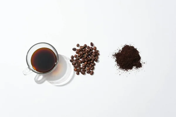 Cup Black Coffee Coffee Beans Coffee Powder Arranged Neatly White — Stock Photo, Image