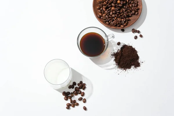 View Glass Fresh Milk Glass Black Coffee Coffee Beans Wooden — Stock Photo, Image