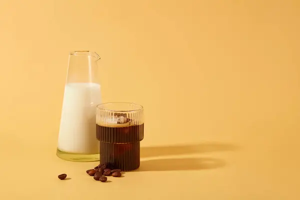 Cup Black Coffee Fresh Milk Glass Jar Coffee Beans Displayed — Stock Photo, Image