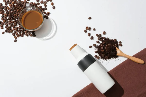 Glass Milk Coffee Coffee Beans Thermos Coffee Powder Wooden Spoon — Stock Photo, Image