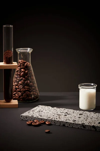 Coffee Beans Erlenmeyer Flask Coffee Powder Test Tube Milk Beaker — Stock Photo, Image