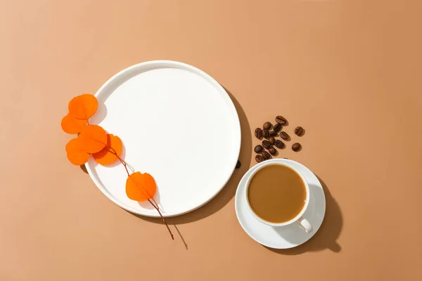 Orange Leaf Branch Placed White Ceramic Plate Cup Milk Coffee — Stock Photo, Image