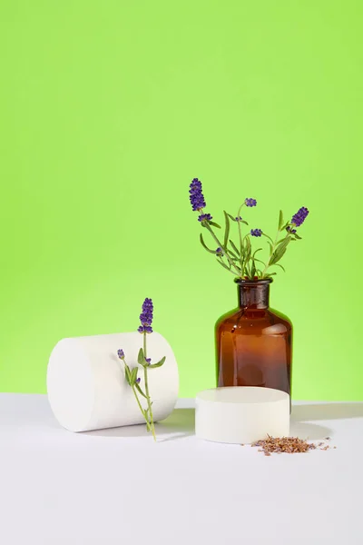 Lavender flowers are arranged in a brown vase, two white platforms and dried lavender flowers on a white-green background. Lavender essence can soothe insect bites, inflammation and headaches.